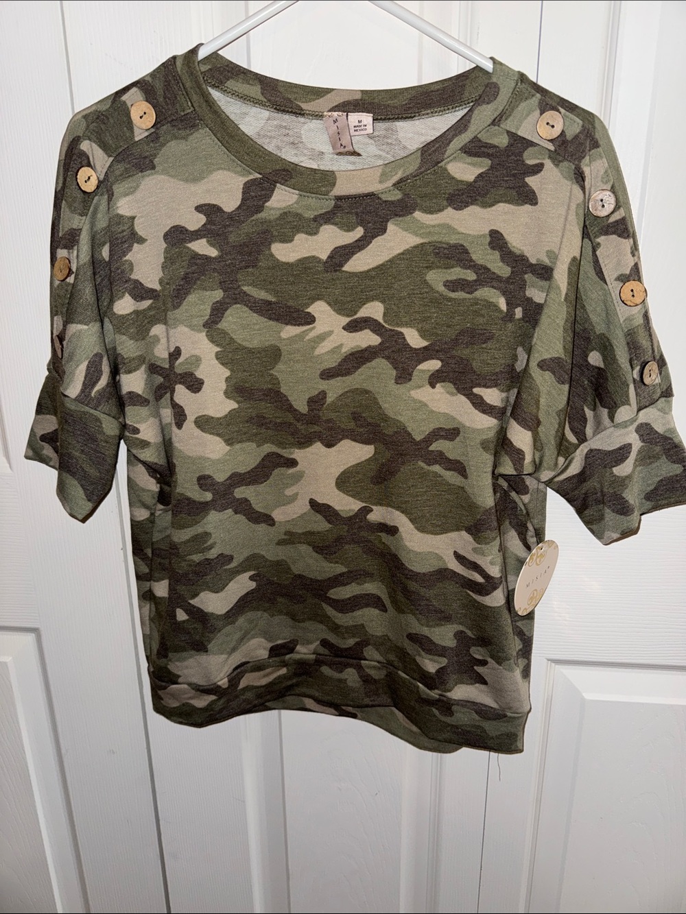 Misia Camouflage Crewneck Top Olive, Khaki & Tan NEW